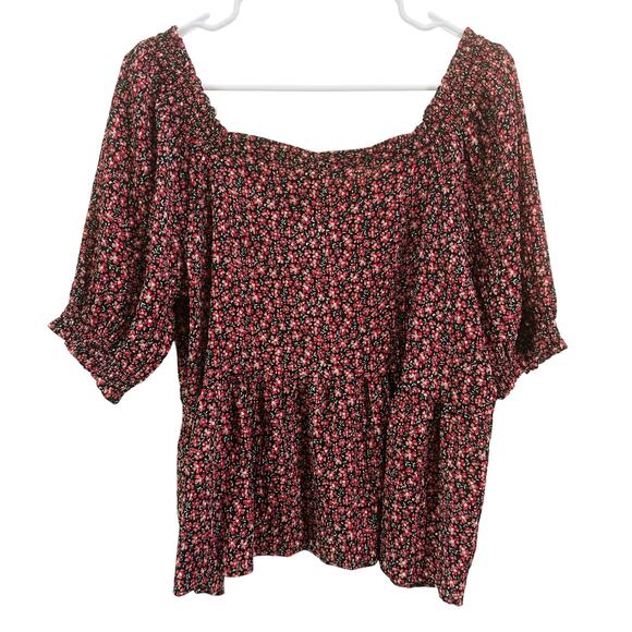 Loft Floral Smocked Cropped Sheer Puff Ruffle Sleeves Peplum Top Size XL - Picture 3 of 9